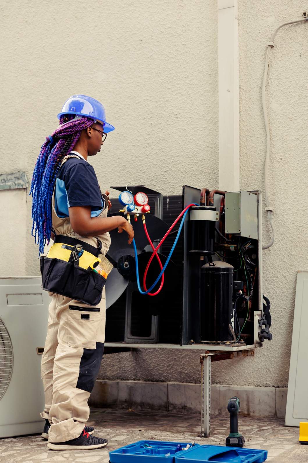 Two technicians in hard hats collaborate on emergency AC repair near me in Katy, TX, fixing an outdoor unit with tools.