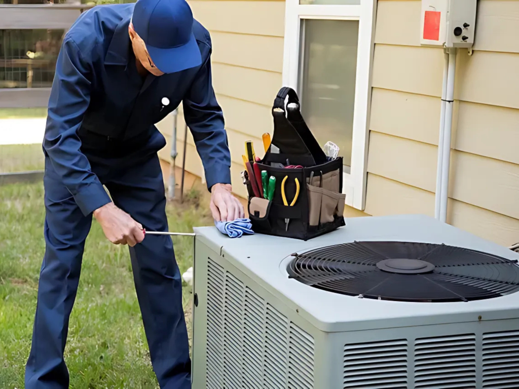 Emergency HVAC repair in Katy, TX: technician servicing air conditioner unit for efficient home cooling.