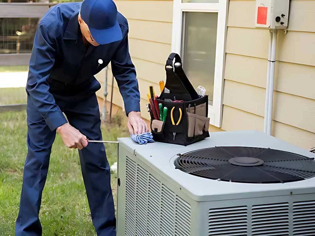 Emergency HVAC repair in Katy, TX: technician servicing air conditioner unit for efficient home cooling.
