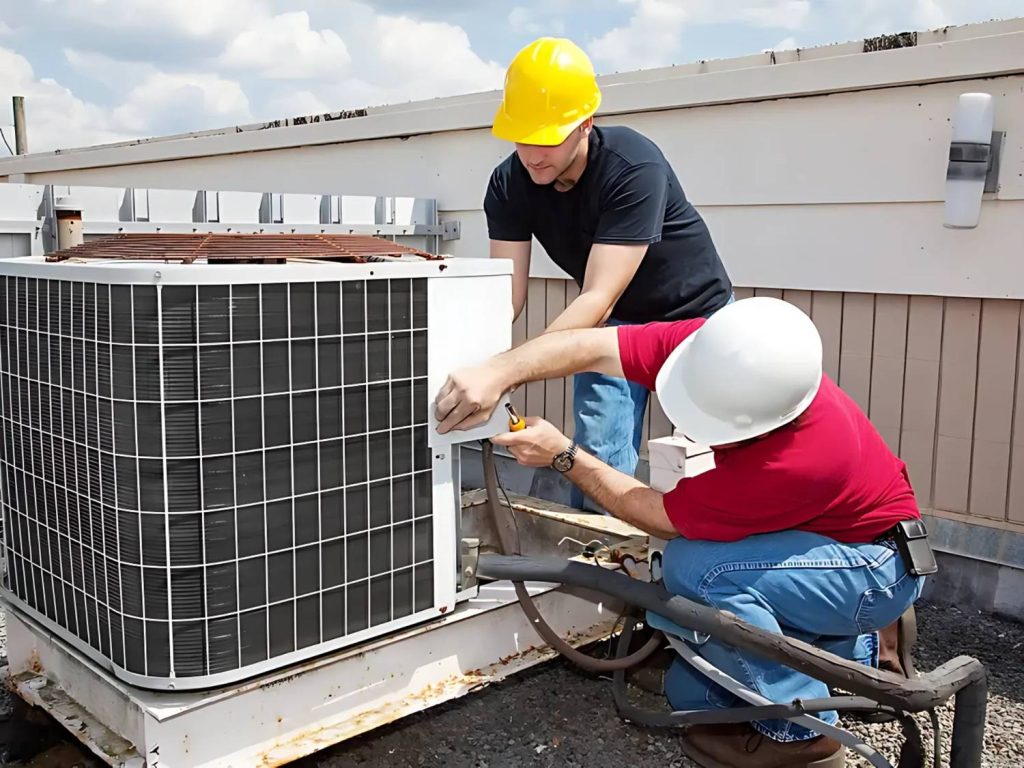 Emergency AC repair near me in Katy, TX: technician fixing air conditioner for same-day home cooling.