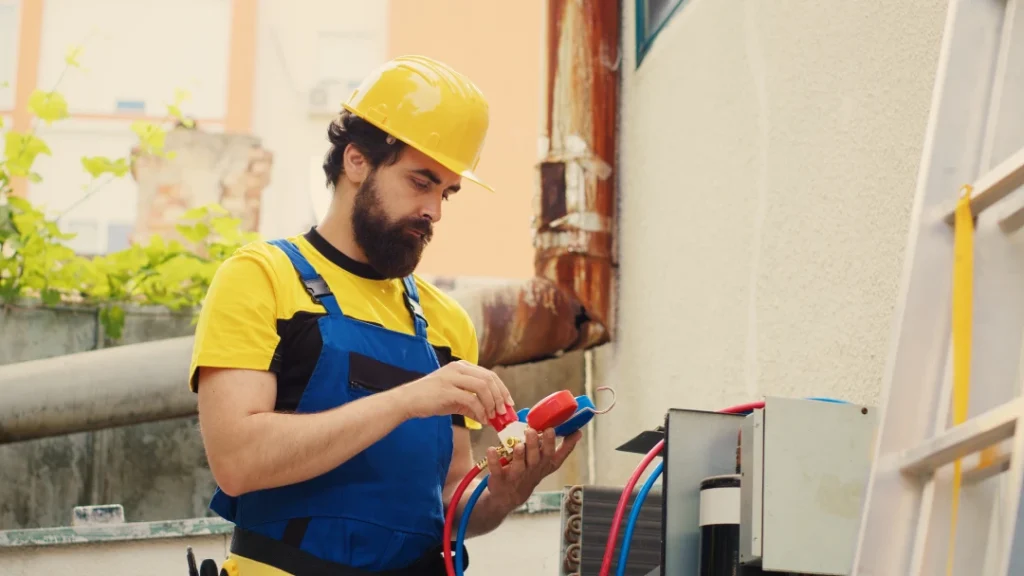 Expert technician inspecting boiler wiring during HVAC maintenance by best AC repair company in Katy TX.