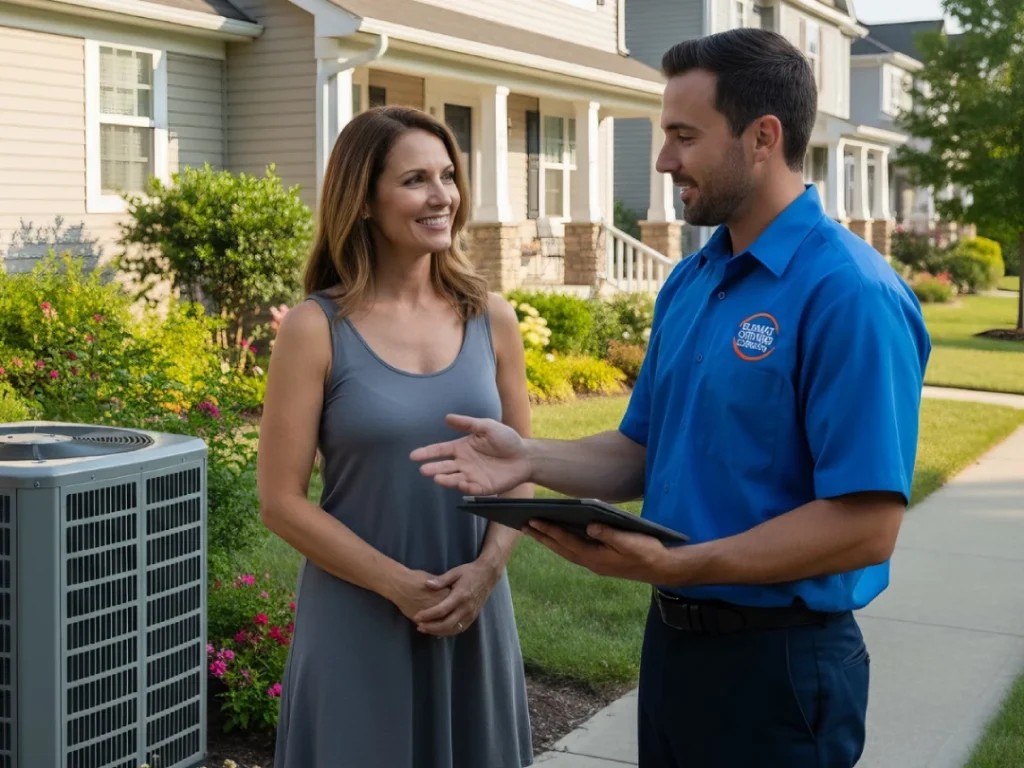 HVAC technician consulting homeowner on free quote for AC repair in Katy, TX.