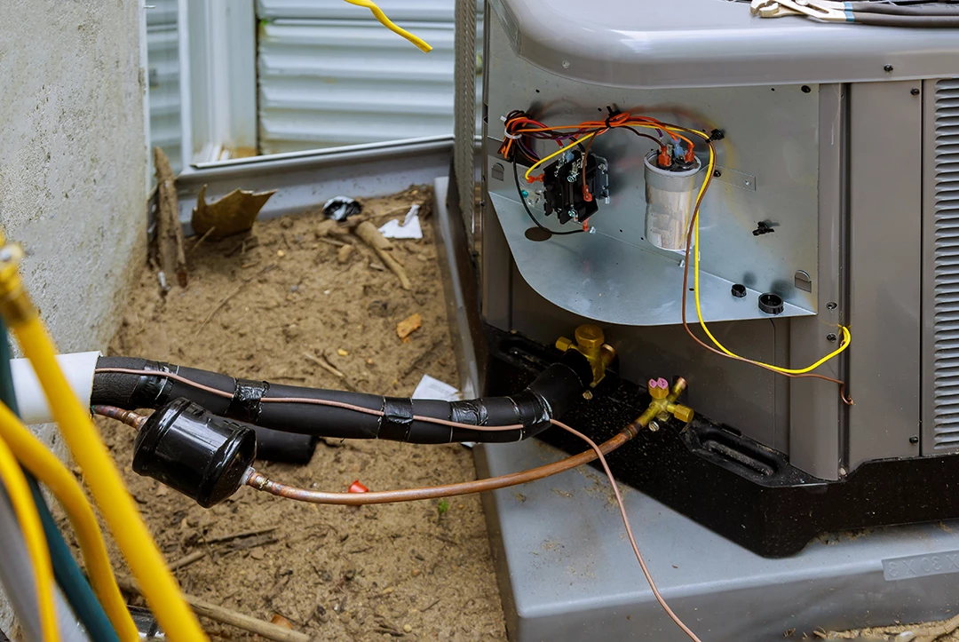 A close-up of a technician working on an emergency AC repair Katy TX unit with tools and pipes.