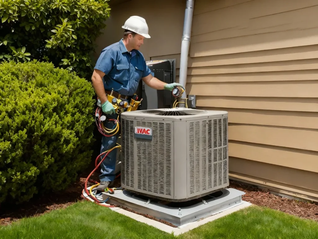 Professional in hard hat servicing IVAC unit with tools for reliable AC repair Katy TX.