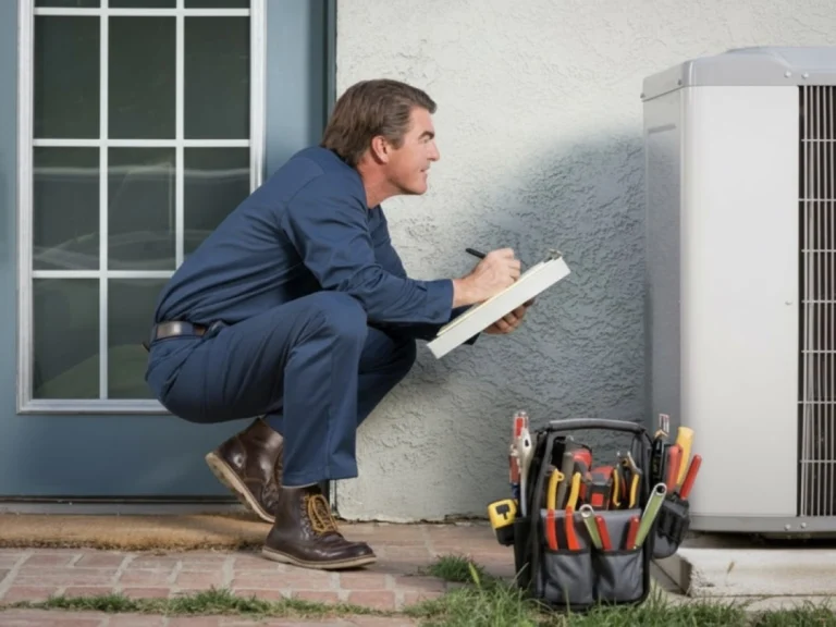 Professional technician inspecting AC unit for expert AC installation in Katy TX, tools ready.