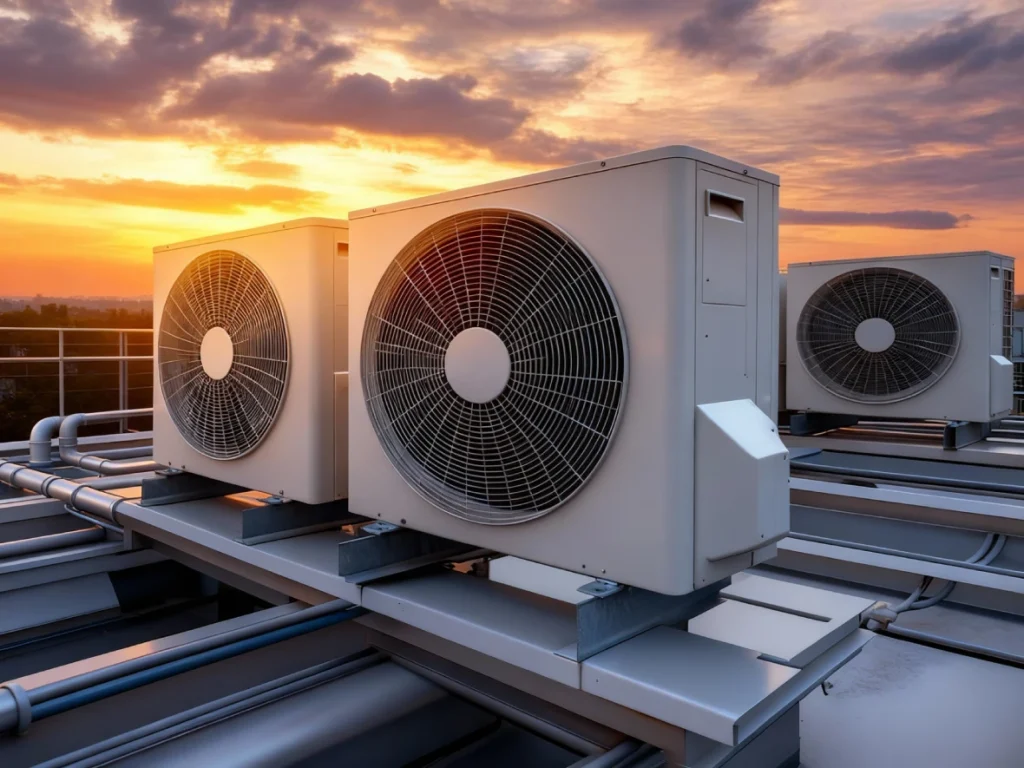 Sunset-lit rooftop AC systems awaiting professional AC repair Katy TX maintenance.