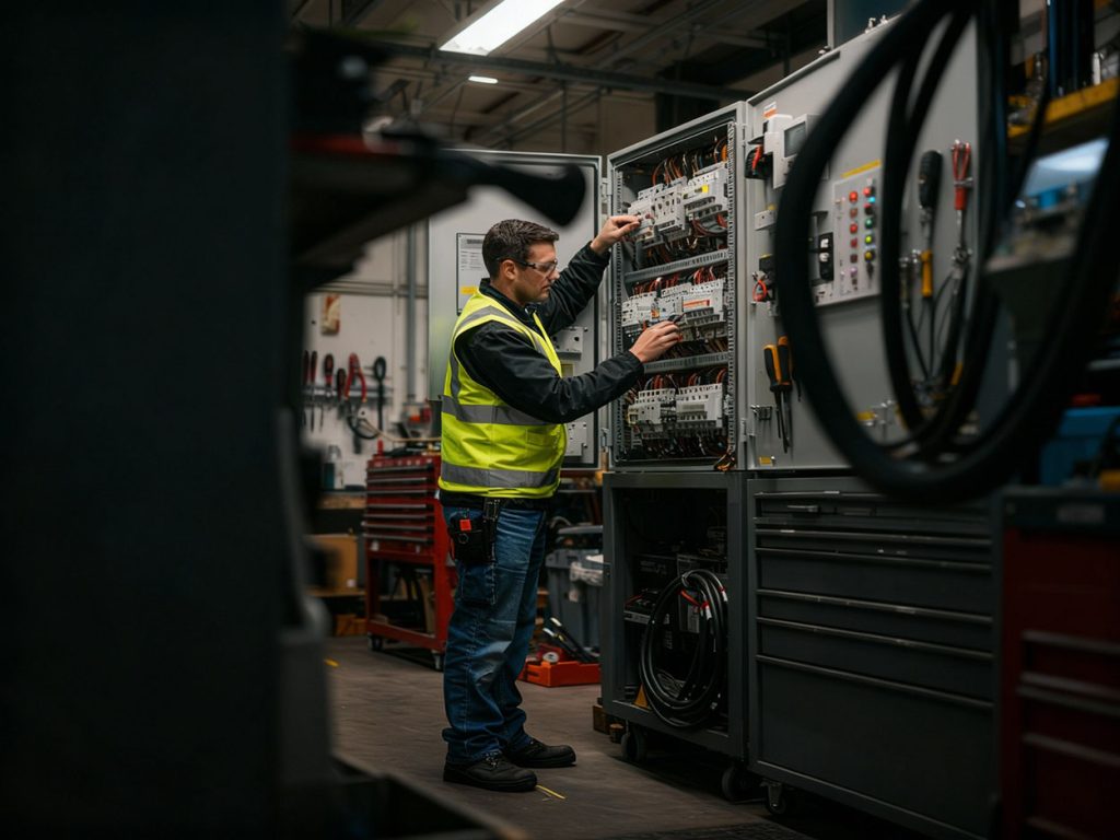 HVAC technician Katy TX troubleshooting a complex industrial electrical circuit panel.