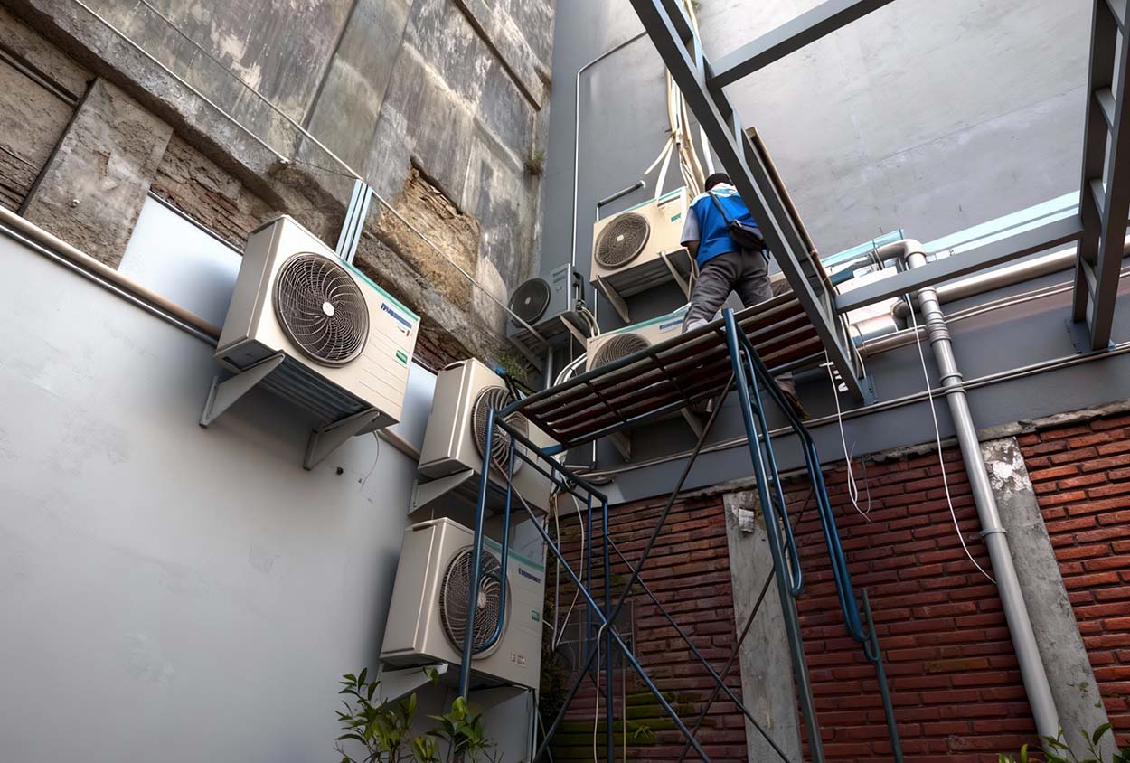 Technician clearing blocked condensate line – stop AC leaking water Cinco Ranch homes