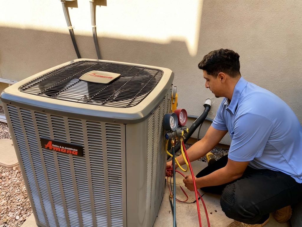 HVAC technician Katy TX troubleshooting a Trane unit with manifold gauges and tool bag.
