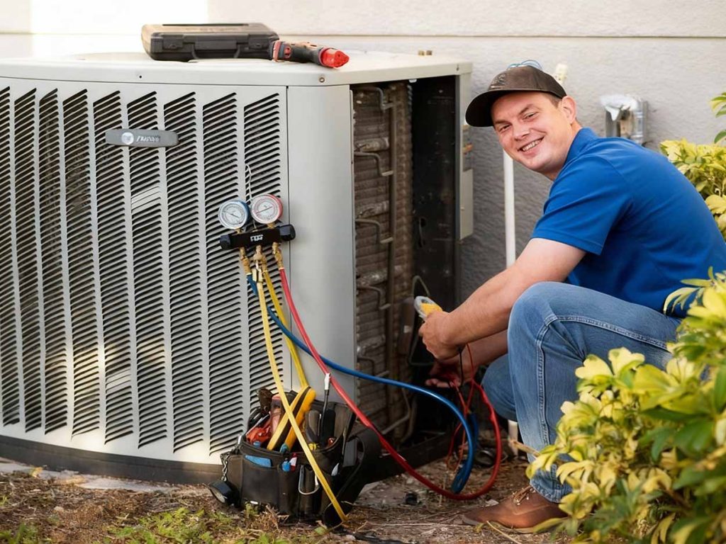 Best Katy AC unit maintenance professional performing diagnostics on a residential condenser.