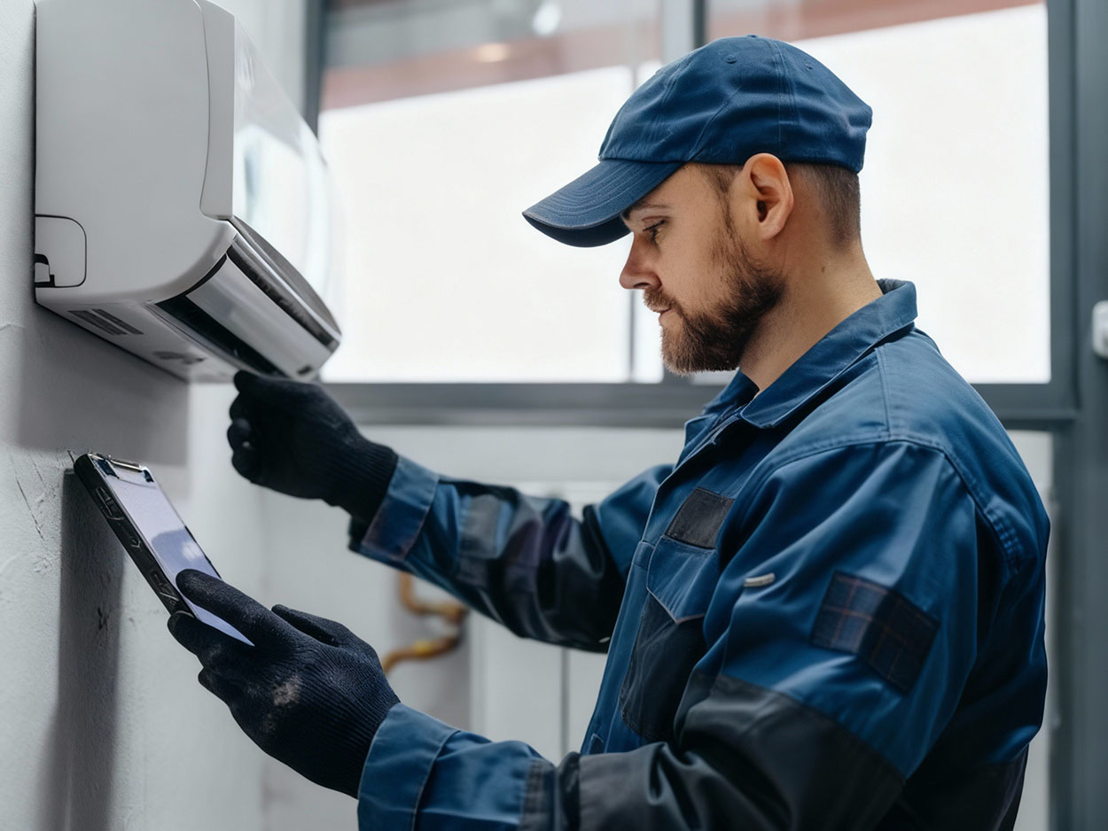 Mini-split system diagnostic on tablet – fast same day AC repair service in Katy TX