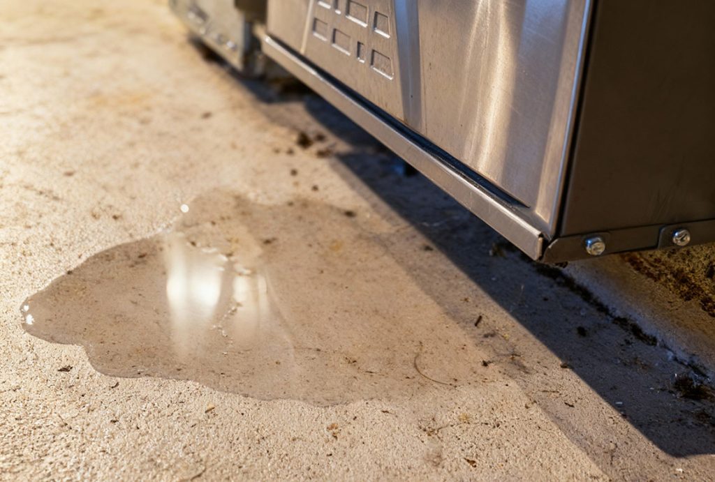 Water puddle under outdoor unit – sign of clogged AC drain line, call AC repair Cinco Ranch now