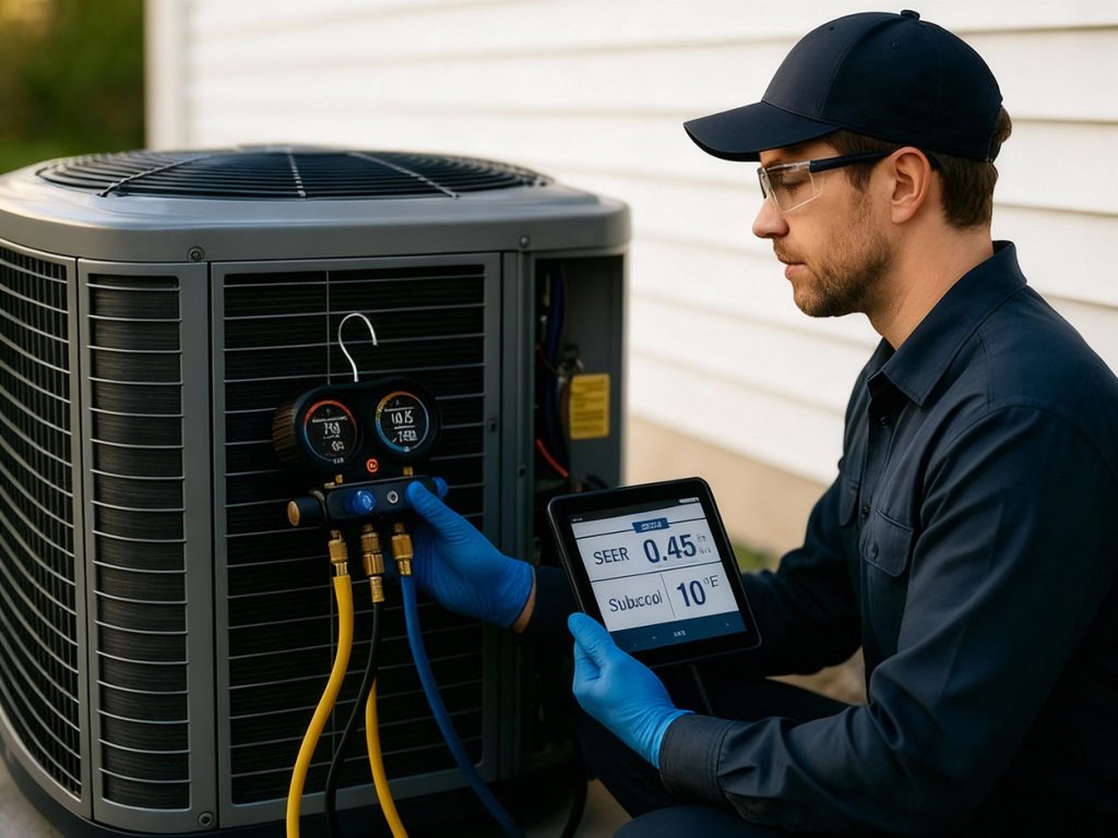 Checking refrigerant levels and SEER – emergency HVAC diagnostic during same day AC repair Katy TX
