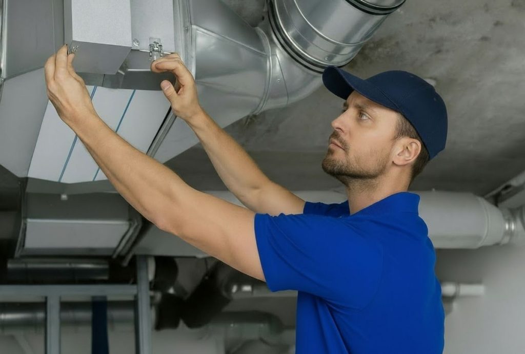 Professional technician performing air filter replacement for efficient AC repair with financing in Katy TX