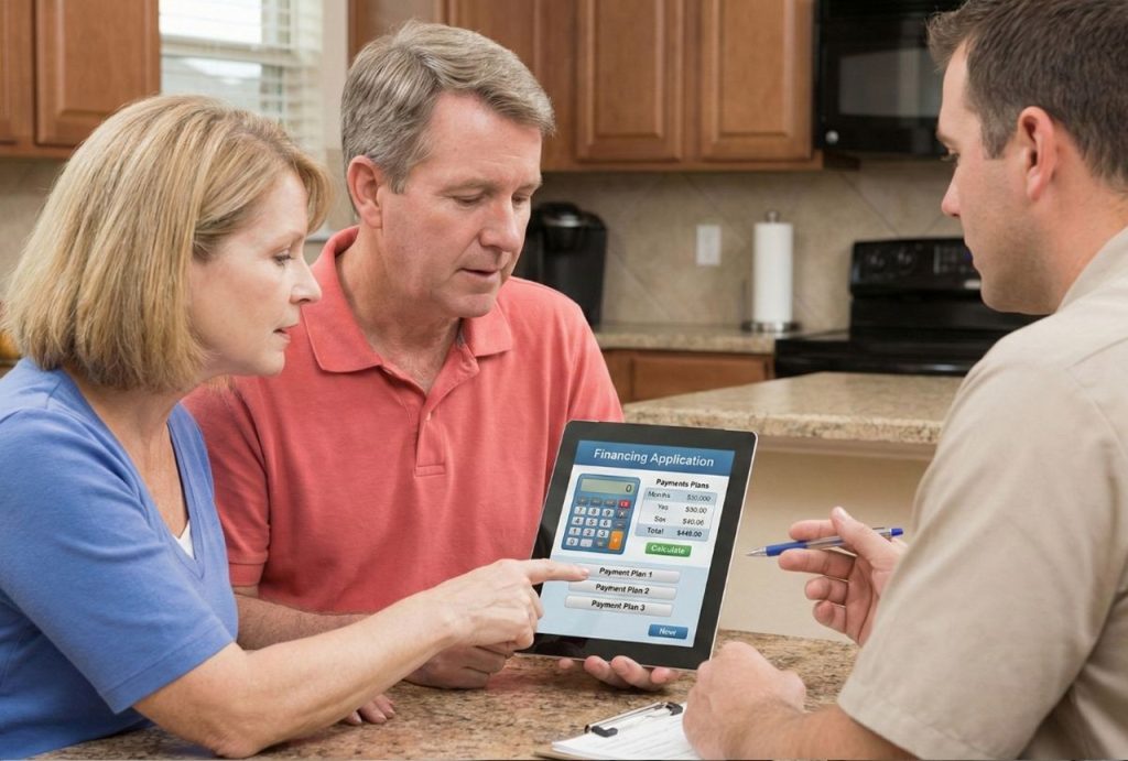 A couple reviews financing options on a tablet with an HVAC technician in Katy, TX, discussing ac repair with financing katy tx.