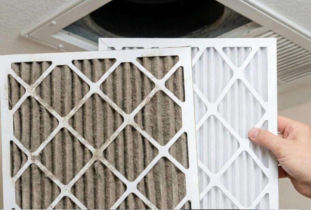 A hand holding a dirty air filter next to a clean one, showing the need for AC repair and maintenance in Katy, TX.