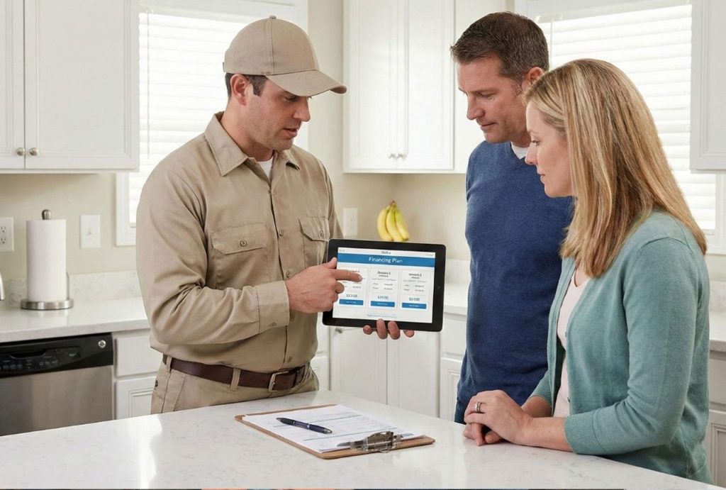 A technician in a kitchen explains a financing plan on a tablet to a young couple for their ac repair with financing katy tx.
