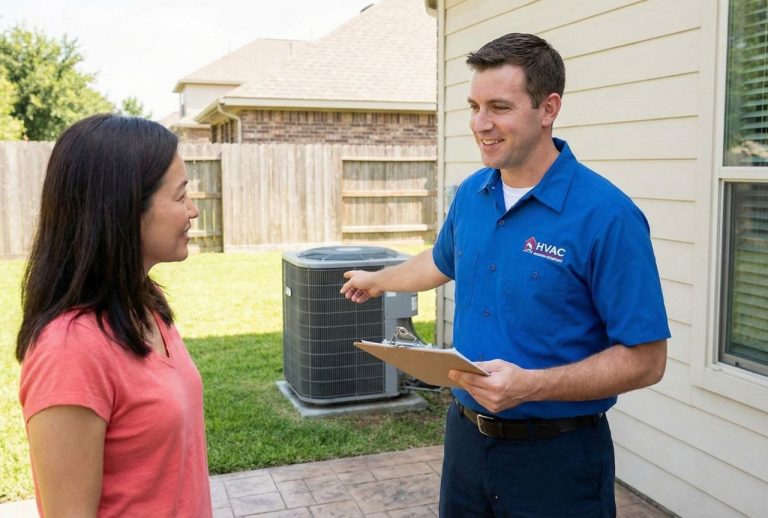 An HVAC technician explains the benefits of affordable AC maintenance plans in Katy, TX to a homeowner.