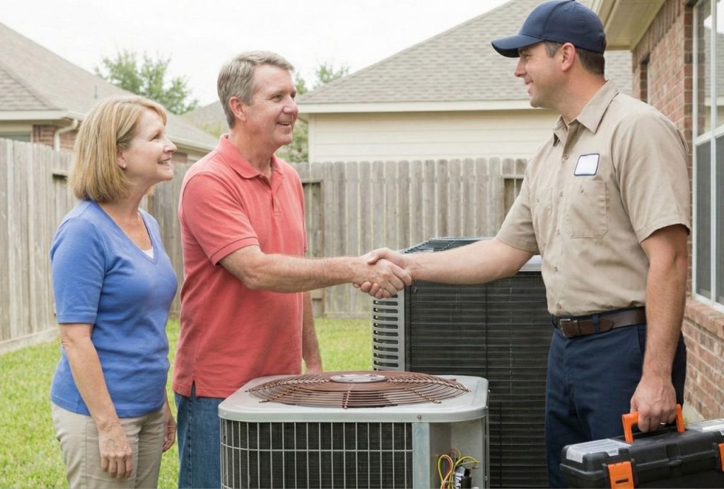 An HVAC technician shakes hands with happy homeowners by their AC unit after completing an ac repair with financing katy tx.