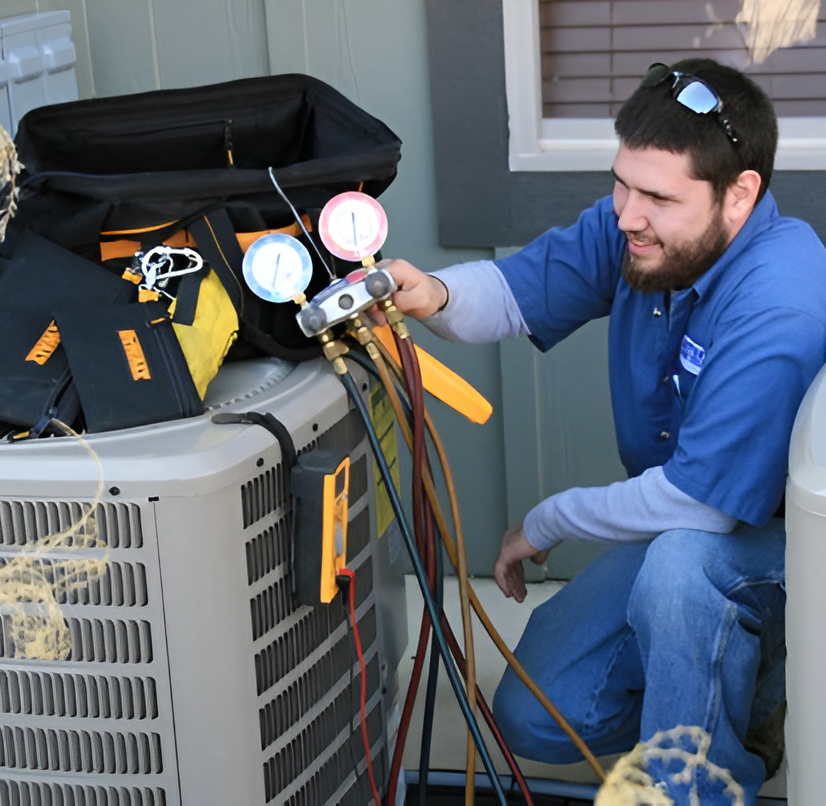 HVAC technician performing professional maintenance on a residential dual fuel HVAC system Katy TX homeowners trust