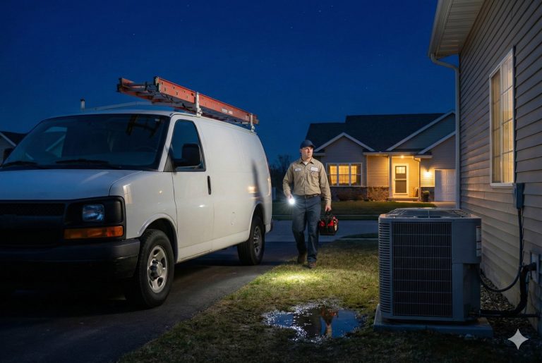 Emergency AC technician walking to home with tools and ladder-equipped van after dark – trusted 24/7 AC repair Katy TX