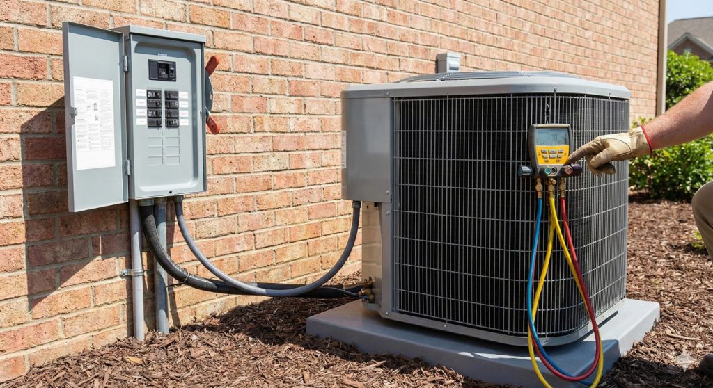 Expert HVAC tech performing precise pressure checks during new AC installation unit – reliable AC installation Katy TX