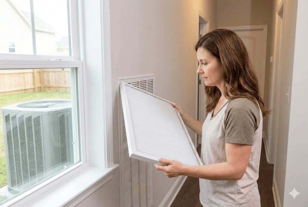 Homeowner performs ac maintenance Katy TX by replacing HVAC air filters to improve airflow and indoor air quality