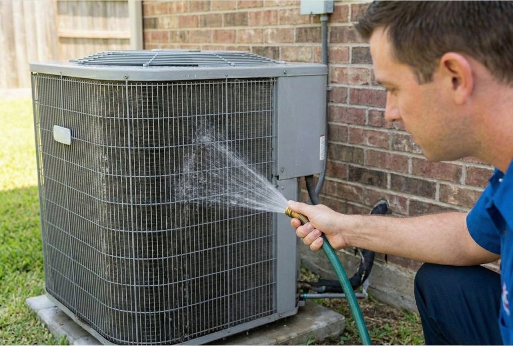 An HVAC technician is cleaning the coils of an outdoor AC unit, a key service in our affordable AC maintenance plans in Katy, TX.