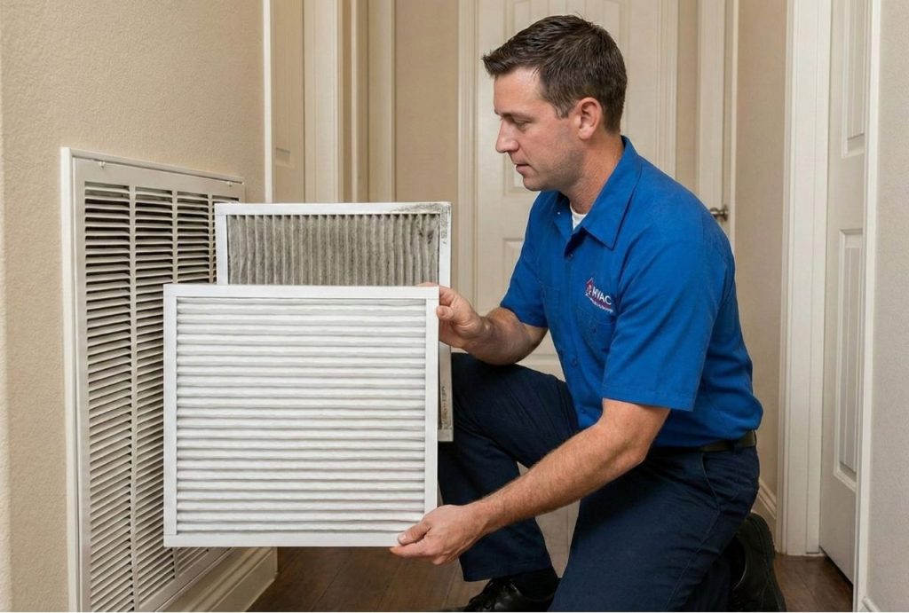 An HVAC technician shows a clean versus dirty air filter during an affordable AC maintenance plan visit in Katy, TX.