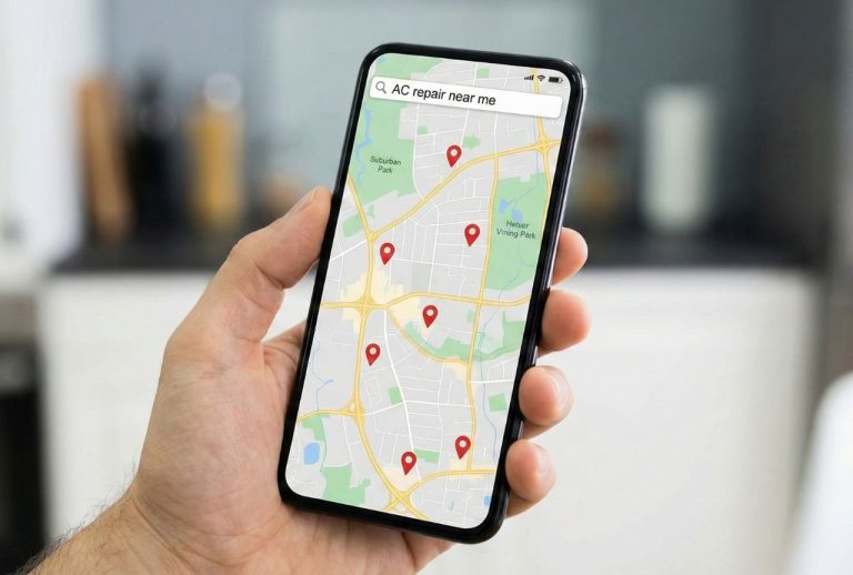 ac repair cinco ranch mobile search showing nearby HVAC service locations using map app with red pins