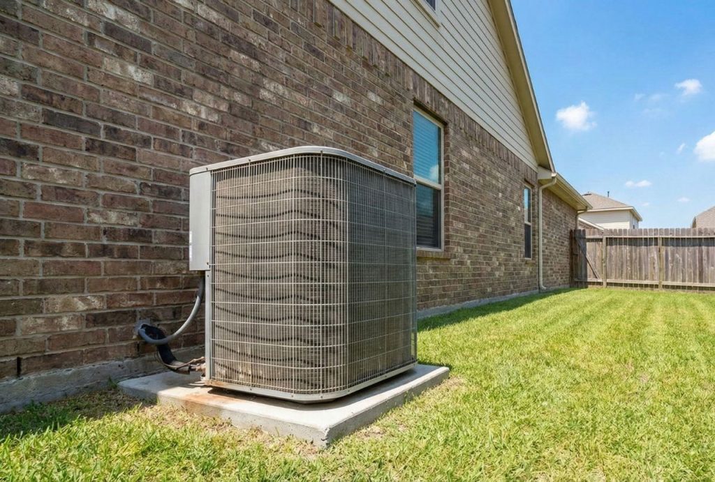 Outdoor air conditioning unit next to a brick house, ready for AC repair in Katy, TX.