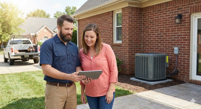 Professional discussing AC installation details with satisfied homeowner on tablet beside new unit – trusted AC installation Katy TX