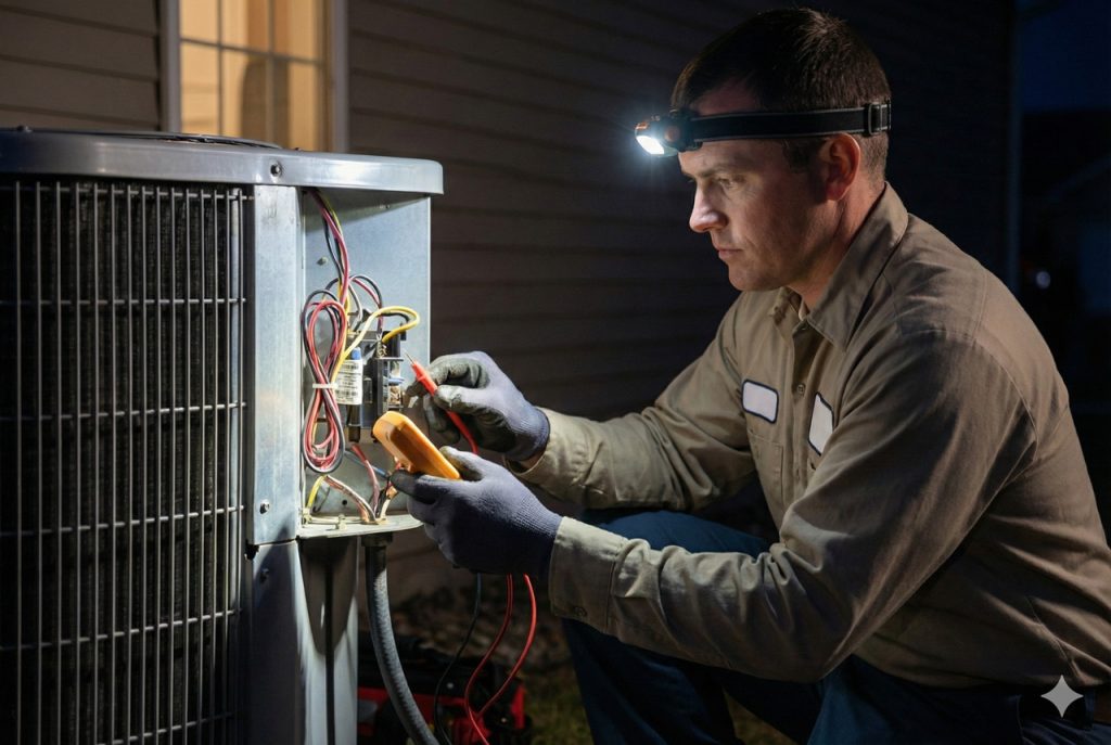 Skilled HVAC expert testing wiring and components on outdoor AC unit at night – fast 24/7 AC repair Katy TX