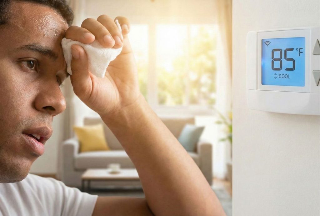 A man wipes sweat from his face next to a thermostat showing 85°F, highlighting the need for emergency 24/7 ac repair katy tx.