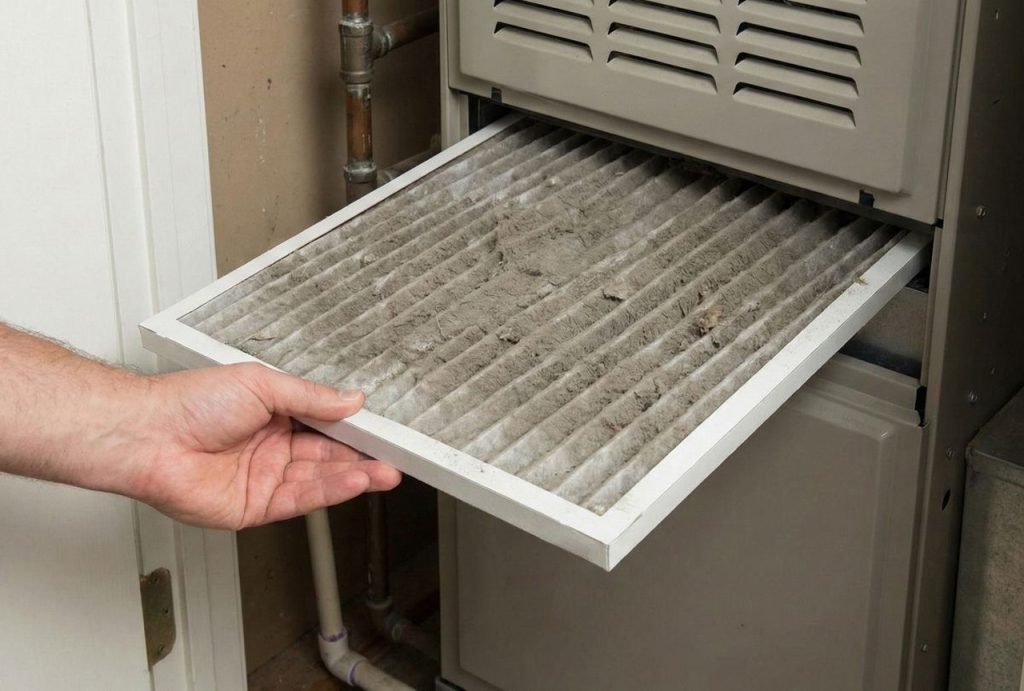 A person removes a severely clogged air filter from a furnace, illustrating a small issue that needs air conditioning repair services Katy TX.