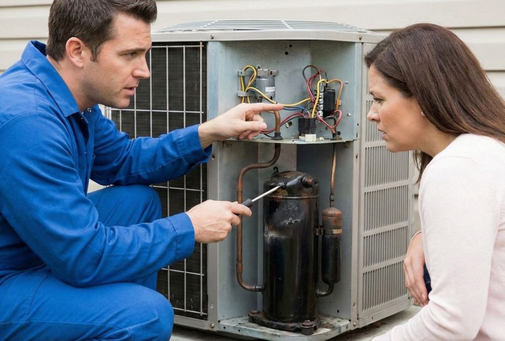 A professional HVAC technician explains a burnt-out compressor to a homeowner, a major breakdown requiring air conditioning repair services Katy TX.