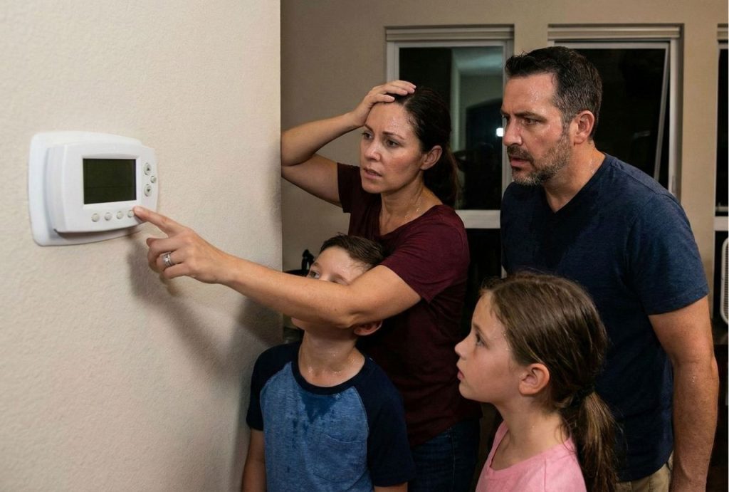 A stressed family with children sweating at night, looking at a blank thermostat and needing immediate 24/7 ac repair katy tx.