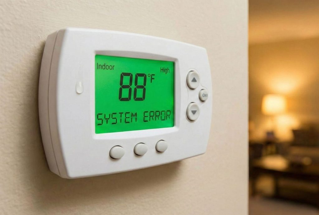 A close-up of a digital thermostat showing a system error and 88 degrees, a common reason for ac repair katy tx.
