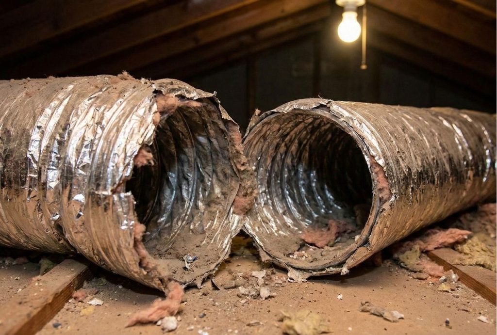 A damaged, disconnected flexible air duct in a home attic with torn insulation, a clear sign for duct repair Katy TX.