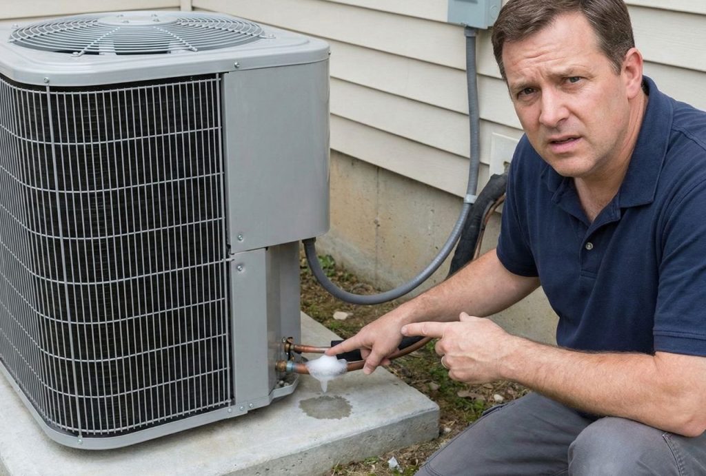 Homeowner points to a frozen refrigerant line on an outdoor AC unit, a common sign for air conditioning repair services Katy TX.