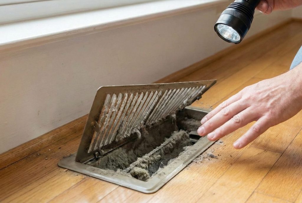 Homeowner uses flashlight to inspect dirty floor vent for dust buildup, indicating need for duct repair Katy TX.