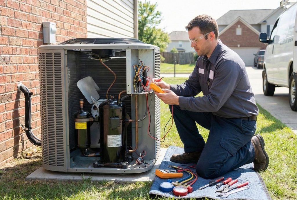 HVAC professional using tools to inspect an outdoor AC unit, a necessary step before a complete duct replacement Katy TX.