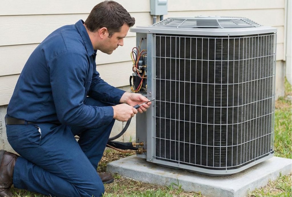 HVAC technician inspects outdoor AC unit components for a residential customer needing duct repair Katy TX services.