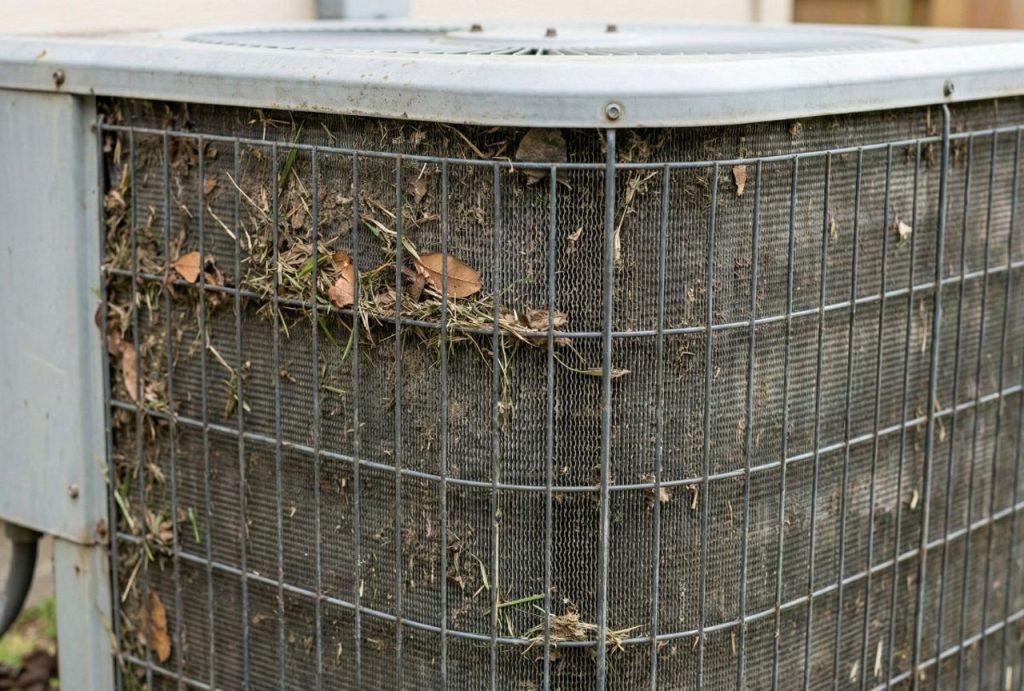 A close-up of a dirty and neglected outdoor AC condenser unit showing debris on the coils, a common issue that can be prevented with regular ac maintenance katy tx.