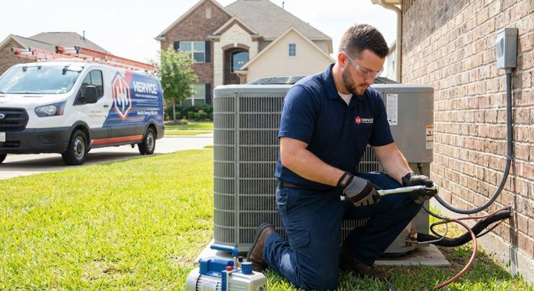 A professional HVAC technician works on a new outdoor AC condenser unit during an AC installation Katy TX at a residential home.
