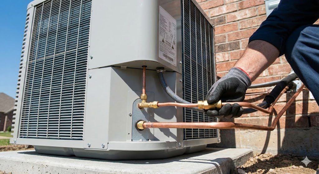 A professional technician's gloved hands connect copper lines to a new outdoor unit during an ac installation katy tx.