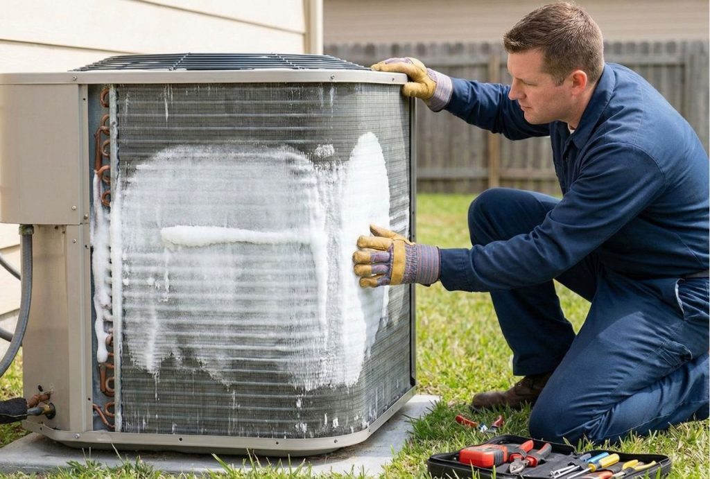 Technician inspecting a frozen AC unit outdoor coil, a common reason for 24/7 ac repair katy tx service.