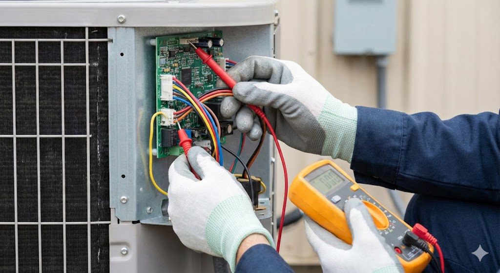 Technician installs indoor evaporator coil in attic using drop cloths during AC installation Katy TX.