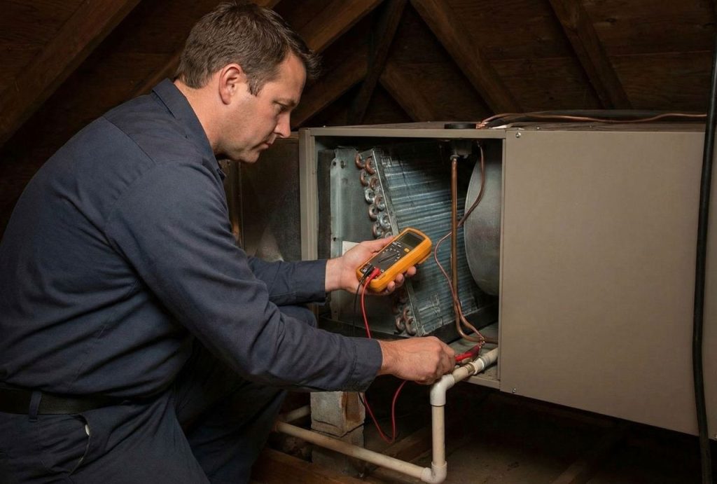 A technician uses a multimeter to check an attic AC unit, a common task for 24/7 ac repair katy tx services.