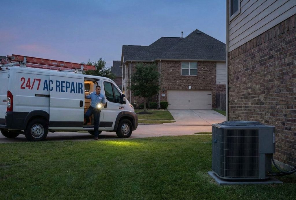 A technician with a flashlight arrives at a client's home at night, providing prompt 24/7 ac repair katy tx service.